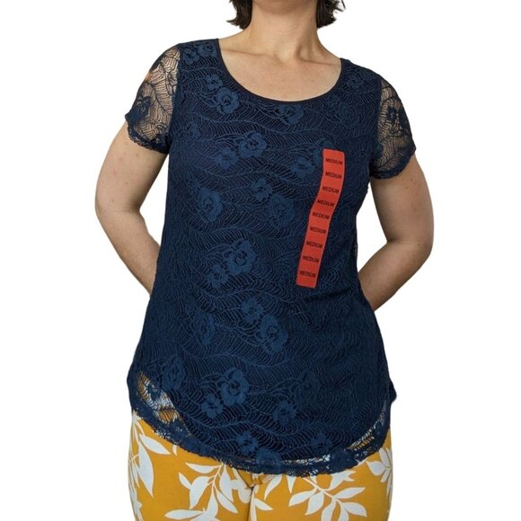 NWT Leo & Nicole Lace Overlay Blouse Medium Navy Blue Floral - Picture 9 of 10